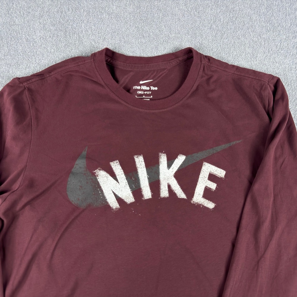 Nike Dri-FIT Long Sleeve T Shirt Mens Large Burgundy Logo Athletic Training Tee